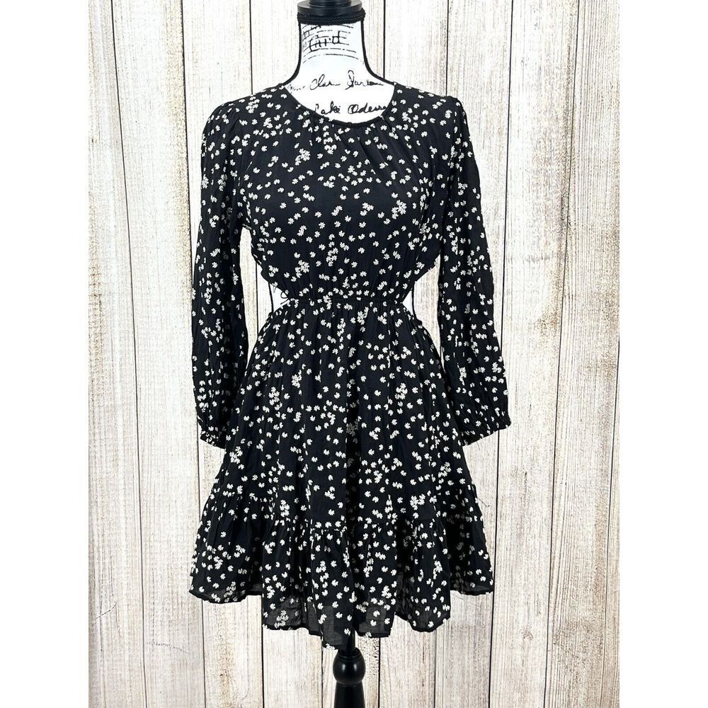 Entro Black Floral Chiffon Ruffle Mini Dress Sz Medium Side Cut Outs Long Sleeve